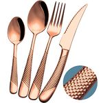 Xideman® 24-Piece ​Modern Copper Hammered Cutlery Set with Ultra Sharp 2-in-1 Serrated Knive, 18/10 Stainless Steel Silverware Set, Rose Gold Flatware Set for 6 People, Knives Forks Spoons Set