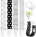 Pacifier Clips - 4 Pack Set of Unique Modern Design in Black and White. Binky Clip Fits All Pacifiers, Soothers. Unisex for Boys and Girls Teether Holder Baby Shower Registry