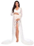 ZIUMUDY Maternity Deep V-Neck Split Front See-Through Maxi Lace Dress for Photography with Long Sleeve (White, X-Large)