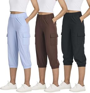 3 Pack Capri Pants Women Cargo Sweatpants Joggers Hiking Womens Capris Summer Pockets Golf Travel Waterproof Casual Cropped Pant UPF Pull On Jogger Stretch Camping Quick Dry Crop Workout Ladies Yoga