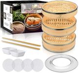 SP DYNAMICS Bamboo Steamer Basket Set Chinese Cuisine 10-inch 2 Tiers Vegetable Steaming Basket for Cooking with Chopsticks, Sauce Dishes, and Reusable Liners - Dumpling Steamer Baskets