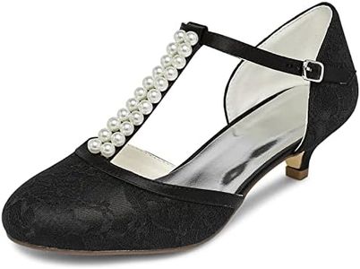 JIAJIA 01129 Women's Bridal Shoes Closed Toe T-Strap 1.8'' Low Heel Lace Satin Pumps Imitation Wedding Shoes Colour Black,Size 6.5 B(M) US/37 EU
