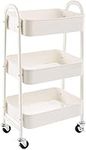 DOEWORKS 3-Tier Storage Cart Rolling Trolley Cart, Metal Utility Shelves with Wheels for Kitchen Makeup Bathroom Office, White