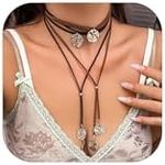 HUASAI Boho Necklaces for Women Western Jewelry Country Concert Outfits for Women Layered Brown Choker Necklace Leather Boho Necklace Western Cowgirl Outfits Jewelry