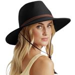 DRESHOW Women Straw Panama Hat Fedora Adjustable Summer Wide Brim Beach Sun Hat with Wind Lanyard UPF 50+