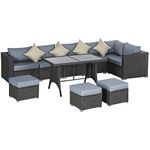 Outsunny 10 Pieces Outdoor PE Rattan Sofa Set with 10cm Thick Cushions, Garden Sectional Corner Sofa Set with Glass Top Dining Table and Three Footstools, Grey