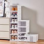 GUDEMAY Drop Front Shoe Storage Box, No Assembly Stackable Shoe Organizer Storage Bin with Clear Door, Free Standing Shoe Shelf Cabinet with Lid, Plastic Shoe Rack for Closet Entryway, 6-Tier Set