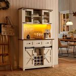 AMERLIFE Coffee Bar Cabinet with Sliding Barn Door, 72" Farmhouse Kitchen Sideboard, Buffet Storage Table, 3 Drawers, LED Lights, Tall Hutch Home Bar for Dining Room, White