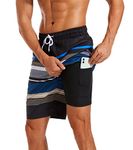 difficort Mens Swim Trunks with Compression Liner Quick Dry Bathing Suits Shorts with Zipper Pockets, A/ Black & Blue & White Stripe, XL