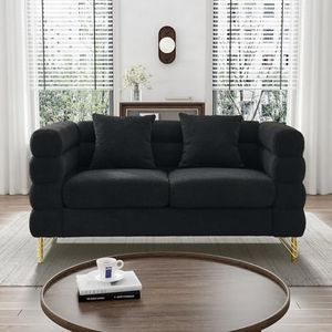 Wrofly Cloud Couch for Living Room, 59" Modern Overstuffed Deep Seat Boucle Sherpa Loveseat Sofa with 2 Pillows, Comfy Upholstered 2 Seater Love Seat for Bedroom Office, Black Teddy