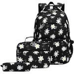 Leaper Floral School Backpack for Girls Kids Fashion Modern Backpack Bookbag Lunch Bag Purse Pencil Case Set (Black 2321-3)