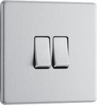 BG Electrical Double Wall Light Switch, 2 Way, Screwless Front Plate, Slim Profile, Premium Flatplate, Brushed Steel, 20A, 16AX, FBS42