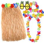 ASTARON Hula Skirt Costume Set with Hawaiian Leis Sunglasses Straw Color Grass Skirts for Adults Luau Party Supplies