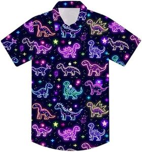 uideazone Little Kid Boys Neon 80S 90S Shirts Size 4 Summer Dinosaur Short Sleeve Shirt Button Down Tops Slim-Fit Garment Holiday 3-4T
