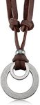 MOWOM Silver Tone Brown Alloy Genuine Leather Pendant Necklace Double Ring Adjustable, Leather