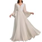 QUECY® Sexy Pleated Chiffon Gown Deep V-Neck Slim Plus Size Long White Wedding Party Dress for Women