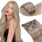 LaaVoo Clip in Hair Extensions Real Human Hair For Women Blonde Highlight Human Hair Clip in Extensions Ash Blonde Highlights Bleach Blonde Clip in Extensions Human Hair Straight 18 Inch 7pcs/120g