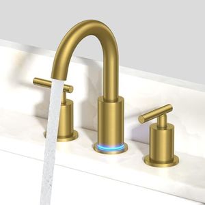 FORIOUS LED Bathroom Faucet Gold, 3 Hole Bathroom Faucet Brushed Gold Widespread with 3 Color Changing Light, Metal Pop Up Drain, CUPC Supply Hose and 360° Swivel Spout, 3 Pieces Wide LED Tap