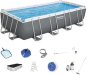 Bestway 18' x 9' x 4' Power Steel Frame Above Ground Rectangular Swimming Pool Set w/ 1000 GPH Sand Filter Pump, Pool Cover, Ladder, Skimmer, & Vacuum