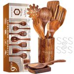 Renexas 9 Pcs Wooden Spoons for Cooking Utensils, Natural Teak Wooden Cooking Spoons with Nonstick Spatula Set, Bamboo Kitchen Utensils with Holder, Wood Spoon Set for Kitchen Essentials