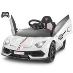 12V Ride on Car for Kids, Licensed Lamborghini SVJ Battery Powered Electric Ride-on Car for Children Toy Vehicle for Kids with Remote, Leather Seat, LED Lights and MP3 Player (Regular, White)