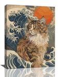 Japanese Cat Wall Art Asian Cat Ocean Wave Pictures Wall Decor Japan Cat Canvas Painting Print Home Modern Artwork Decorations Framed for Bathroon Living Room Bedroom Office 12 x 16 inch