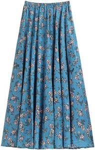 Camilife Mujer Lino Algodón Floral Maxifalda Falda Larga con Bolsillos Laterales Cintura Elástica Falda de Lino Boheme Retro Vintage Longitud 90cm - Falda Azul Océano con Flores Beige C118