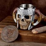 Stainless Steel Viking Skull Mug+Coasters,Double Handle Horn Skull Beer Mug Tankard, Medieval Skull Drinkware Mug for Coffee/Beverage/Juice17oz.