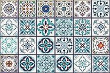 24PCS Peel and Stick Tile Stickers, HOLENGS Waterproof Moroccan Style Decorative Self-Adhesive Wallcovering, Wall Floor Tile Decals for Bathroom Kitchen Backsplash Furniture Stairs Decor(5.9x5.9in)