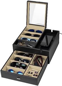 HOUNDSBAY Lookout Sunglasses and Eyeglasses Organizer Storage Display Case Dresser Valet Box Charging Station (Black/Ivory)