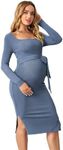 OYOANGLE Women's Maternity Rib Knit Split Hem Knot Front Square Neck Long Sleeve Bodycon Midi Dress Dusty Blue Small