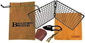 Branded Boards Bushcraft Stainless BBQ Grill Grate, Bamboo Cutting Board, Burlap Hemp Drawstring Bag, Mini Camp Knife. Camping, Backpacking, Hunting & Fishing. (Folding Grill Kit)