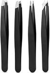 Tweezers Set, High Precision Stainless Steel Eyebrow Tweezers for Facial Hair, Inward Growing Hair and Splinter Remover Kit, Suitable for Women and Men, 4-Piece Set. (Black)