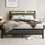 BOFENG Queen Bed Frame with LED Lights Storage Headboard and USB Charging Station,Metal Upholstered Platform Bed Frame Queen Size with Storage No Box Spring Needed,Strong Steel Slats,Noise Free,Grey