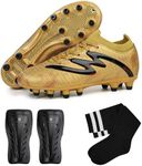 brooman Kids Firm Ground Soccer Cleats Boys Girls Football Shoes with Shin Guards and Soccer Socks (2,Golden)