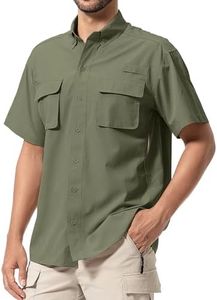 mosingle Men's Fishing Shirts with Zipper Pockets UPF50 Sun Protection Safari Cool Short Sleeve Button Down Shirts Hiking(5018,Army Green-L)