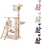 BEASTIE Cat Tree 141cm Tall, Multi-Level Wood Scratching Post Tower with Scratcher Pole Condo House for Furniture Protecting, Beige Colour