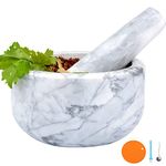 Mortar and Pestle Set Polished Natural Marble Stone Guacamole Molcajete Bowl with Base Silicone Pad,Matching Stainless Spoon and Matching Small Brush (Large, White Gray)