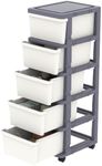 Cetomo Plastic Storage Drawers Unit, Storage Drawer on Locking Wheels, Tower with Interlocking Hooks for Home Office Closet Bedroom Dorm, Detachable, Free Combination, White and Gray, 5 Drawers