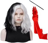 FVCENT Short Curly Side Part Women Halloween Costume Black and White Wig + Red Gloves and Cigar Holder