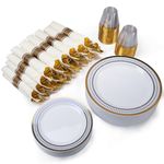 MONEST 350Pcs Blue and Gold Plastic Silverware Set for 50 Guests, Disposable Dinnerware Set includes: 50 Pre Rolled Napkins with Utensils, 50 Dinner Plates, 50 Dessert Plates, 50 Cups (Royal Sapphire)