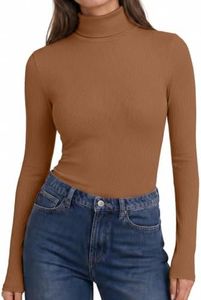 Ekouaer Women's Turtle Neck Long Sleeve Shirts Ribbed Knit Fall Fashion Baselayer Soft Stretchy Winter Underscrub Light Brown S