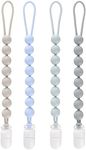 4-Pack Silicone Pacifier Clips for Baby Boys and Girls - with One-Piece Beads, Flexible and Rust-Free Holders for Teething Relief and Baby Essentials - Safe for Newborns (Grey)