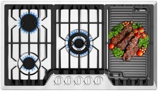 36" Built-in Gas Cooktop with Griddle,5 Italy SABAF Sealed Burners Gas Stove TOP, 41,800BTU, NG/LPG Convertible, Stainless Steel Propane Cooktop with Thermocouple Protection