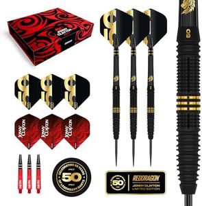 RED DRAGON Darts - 50 Year Anniversary Player Edition - Jonny Clayton 'The Ferret' 22g - Professional Steel Tip 90% Tungsten Darts Set - Includes Dart Flights & Dart Stems (Shafts)