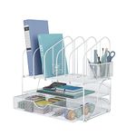 Desk Organizers and Accessories Storage, Desktop Organizer with Drawer & Double Tray & 5 File Folder Holders & Pen Holder, Mesh Desk Accessories & Workspace Organizers for Office Supplies(White)