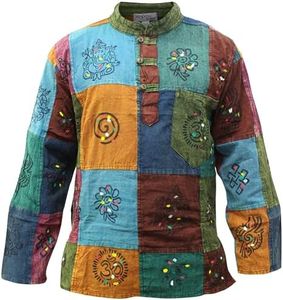 SHOPOHOLIC FASHION Hecha Mano Festival Manga Larga Hippie Lavada Piedra Patchwork Raya Camisa Abuelo pour Hombre, 4XL