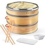 Crystals Bamboo Steamer Basket with Lid - 2 Tier Dumpling Steamer Basket for Cooking - Includes 2 Pair Wooden Chopsticks Reusable, 1 Ceramic Plate, 1 Ceramic Dipping Bowl