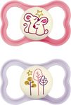 MAM Air Night Soothers 6 Months+ (Pack of 2), Glow in The Dark Baby Soothers with Self Sterilising Travel Case, Newborn Essentials, Pink, (Designs May Vary)