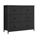 SONGMICS Dresser for Bedroom, Chest of Drawers, 6 Drawer Dresser, Closet Fabric Dresser with Metal Frame, Ebony Black and Rustic Brown ULTS323B01